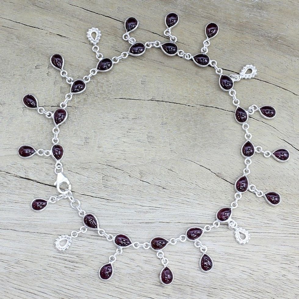 Hand Made Garnet Sterling Silver Charm Anklet India 'Starry Allure in Red'