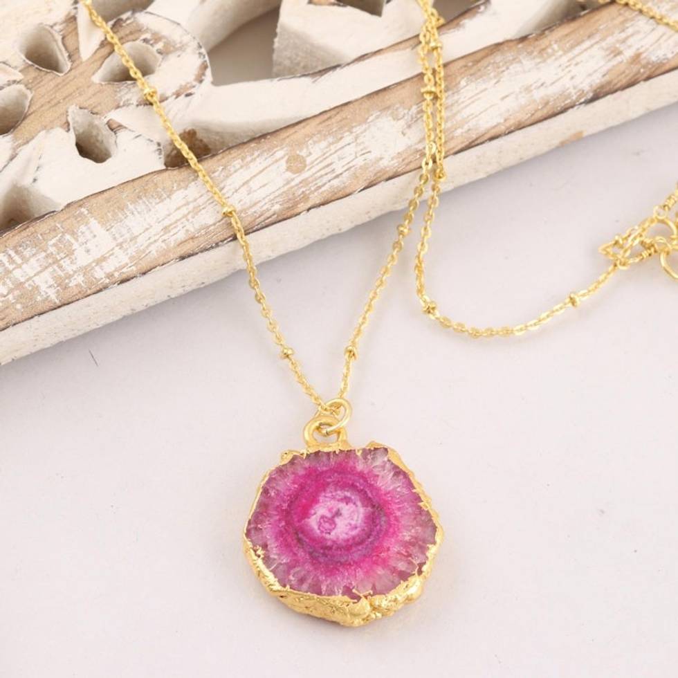 Gold-Plated Pink Solar Quartz Pendant Necklace 'Mystic Power'