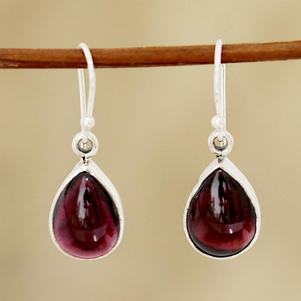 Natural Teardrop Garnet Dangle Earrings from India 'Red Glimmer'