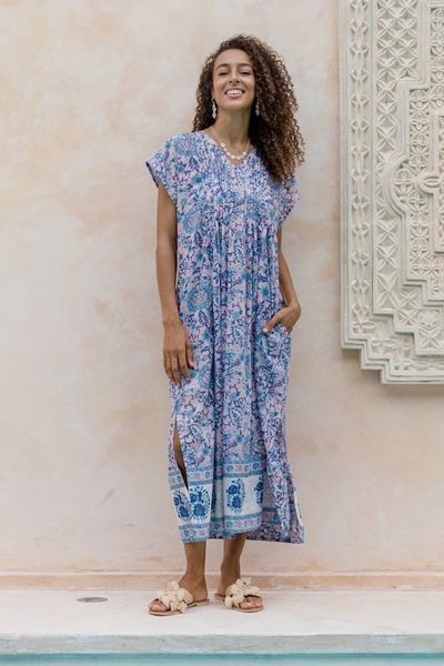 Alternate image for Blue and Turquoise Floral Cotton Empire Waist Maxi Dress Bloom Lagoon