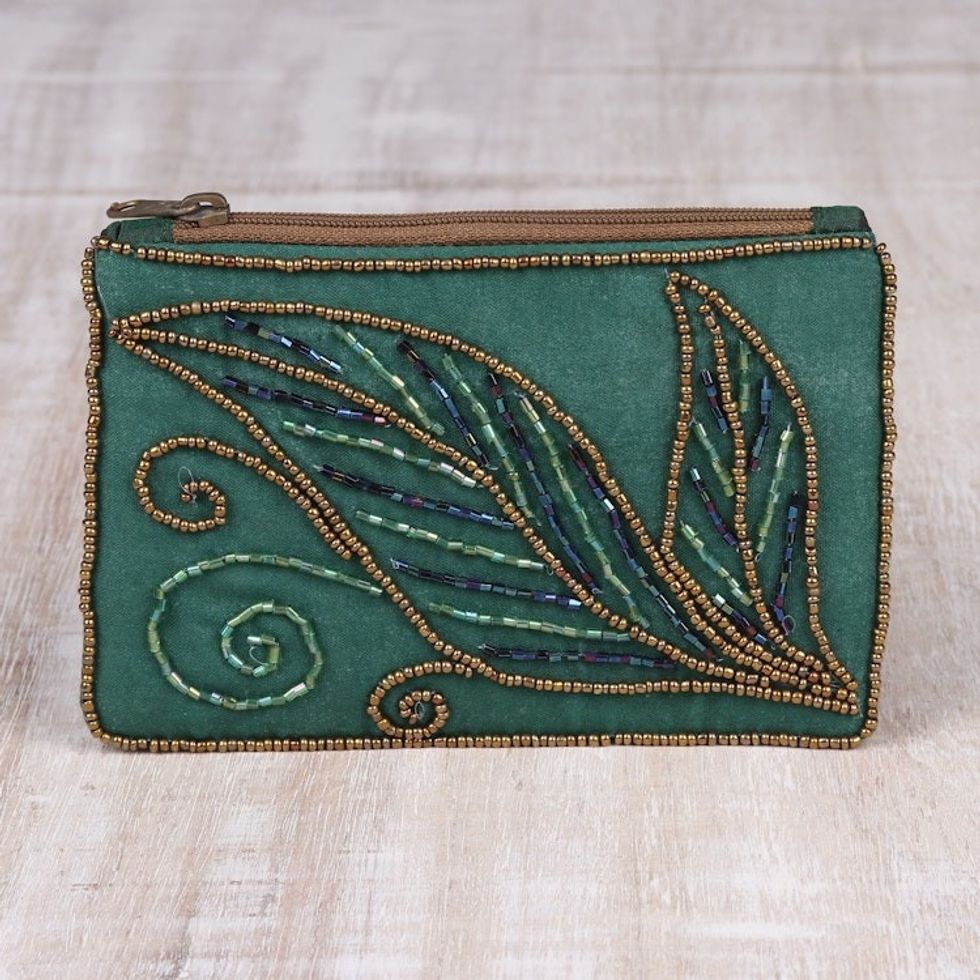 Pine Green Cotton and Silk Clutch with Leaf Motif Beading 'Enchanting'