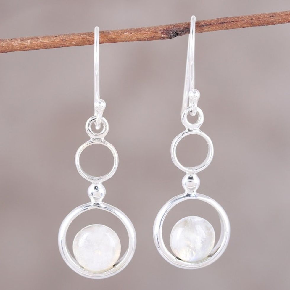 Rainbow Moonstone and Sterling Silver Circle Dangle Earrings 'Dancing Moon'