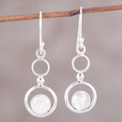 Alternate image for Rainbow Moonstone and Sterling Silver Circle Dangle Earrings Dancing Moon