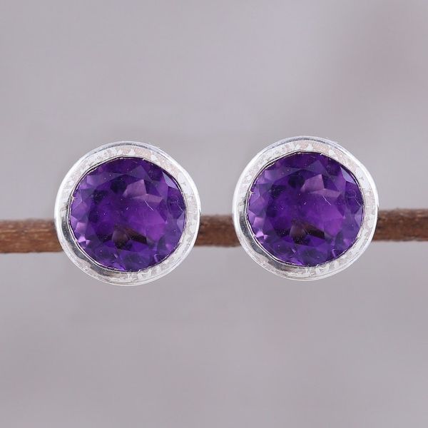 Alternate image for Faceted Amethyst Stud Earrings from India Spark of Life