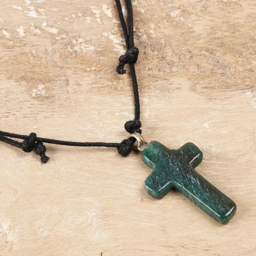 Green Agate Cross Pendant Necklace Crafted in India 'Cross of New Life'