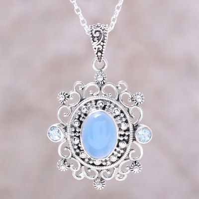 Alternate image for Blue Topaz and Chalcedony Pendant Necklace from India Glowing Heaven