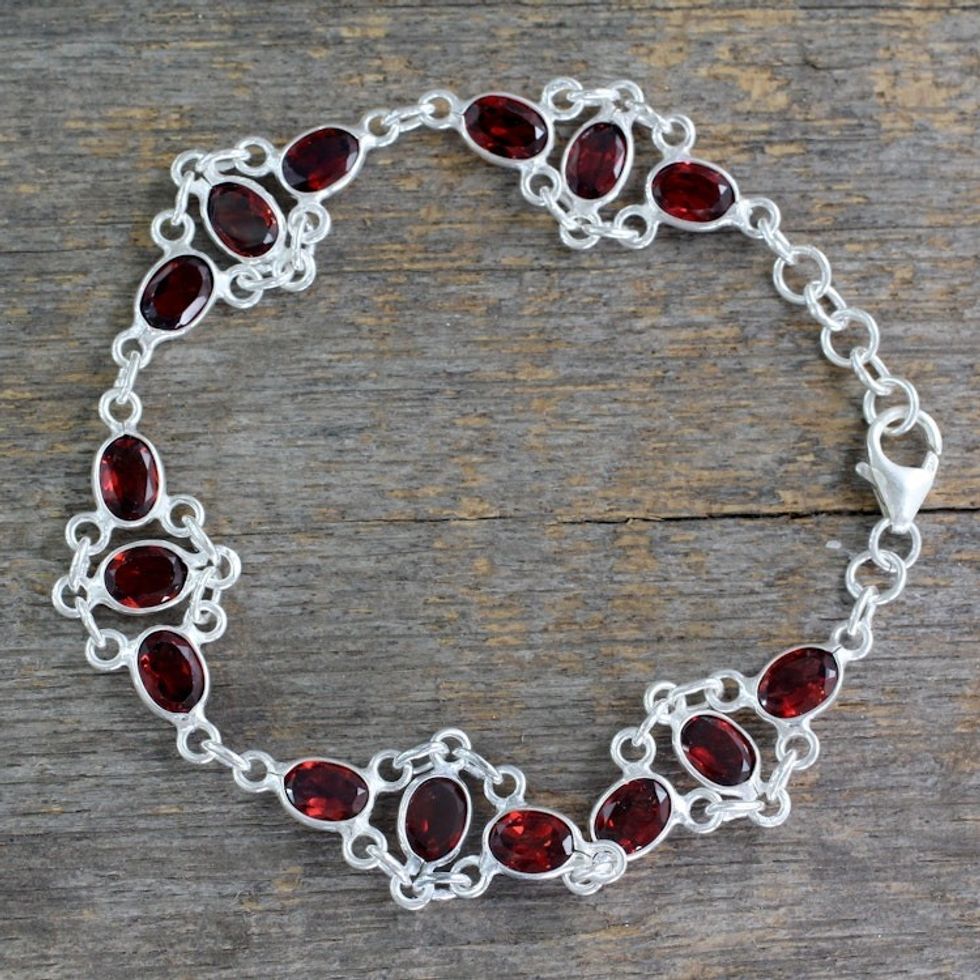 Garnet Link Bracelet Sterling Silver Handmade in India 'Ecstasy'