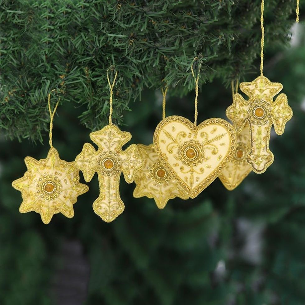 Gold Embroidered and Beaded Christmas Ornaments Set of 6 'The Spirit of Christmas'