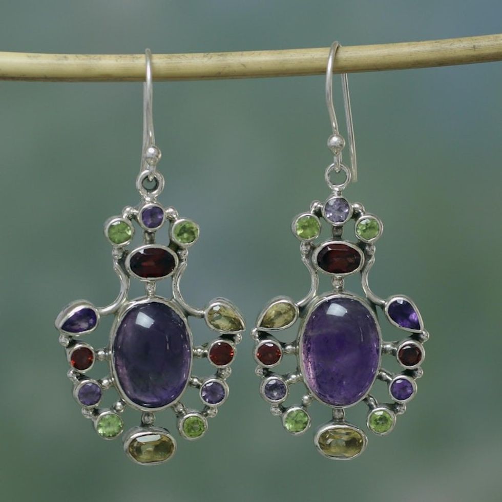 Multicolor Multigem Earrings in Sterling Silver 'Purple Peacock'