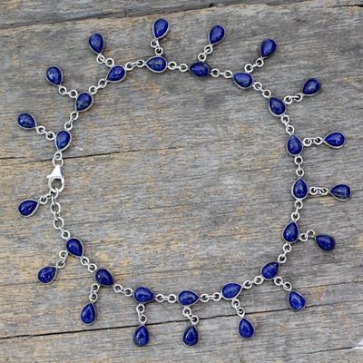 Alternate image for Lapis Lazuli and 925 Silver Anklet from Indian Artisan Royal Dewdrops