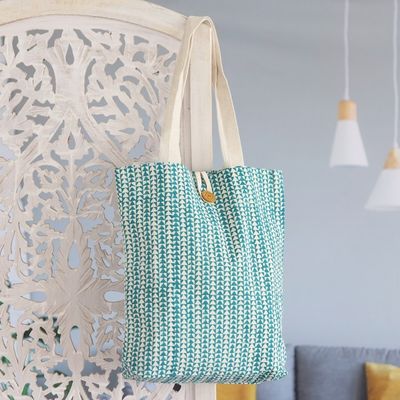 Alternate image for Teal Cotton Tote Bag with Hand-Blocked Printed Triangles Triangle Harmony