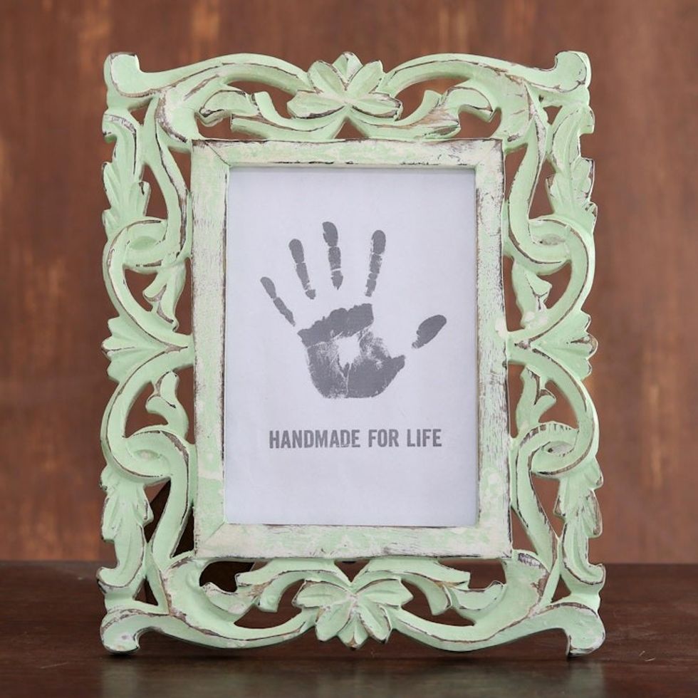 Sage Green Distressed Hand Carved Mango Wood Photo Frame 5x7 'Moment in Time'