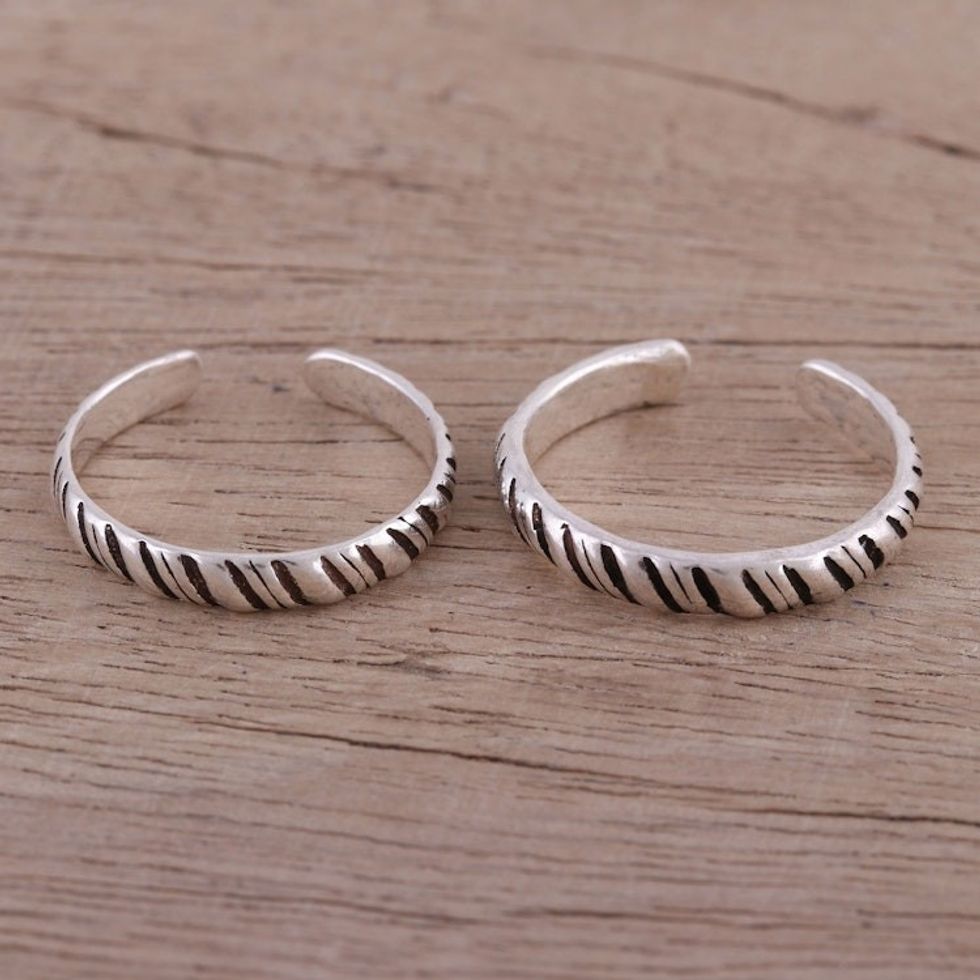 Sterling Silver Toe Rings with Tiger Stripe Design Pair 'Uncaged'