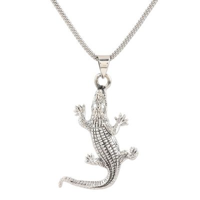 Alternate image for Hand Crafted Sterling Silver Crocodile Pendant Necklace Crawling Crocodile
