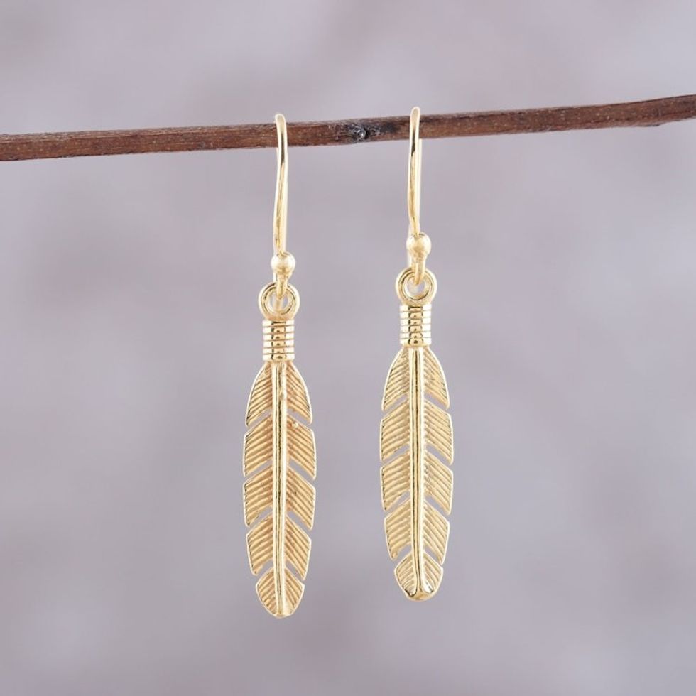 22k Gold Plated Sterling Silver Feather Dangle Earrings 'Light Touch'