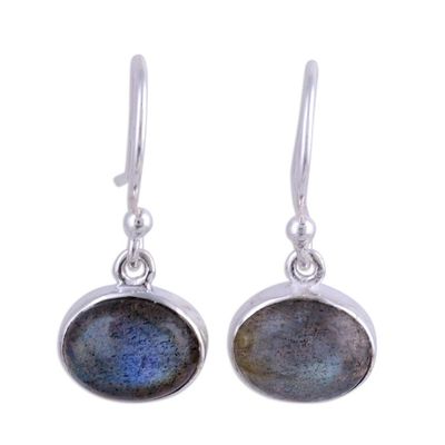 Alternate image for Sterling Silver Hook Earrings with Labradorite Cabochons Dark Aurora