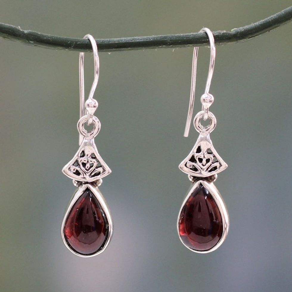 Garnet Earrings in Sterling Silver from India 'Crimson Morn'