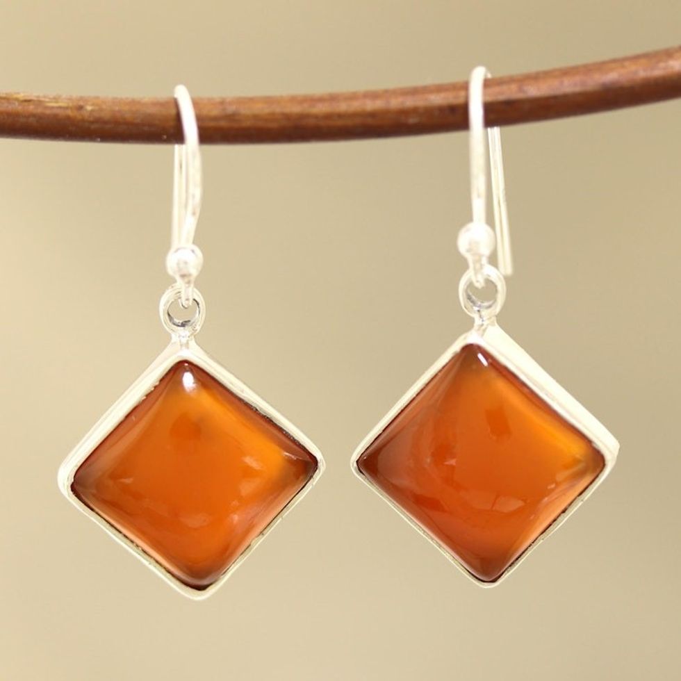 Square Carnelian Dangle Earrings from India 'Honey Squares'