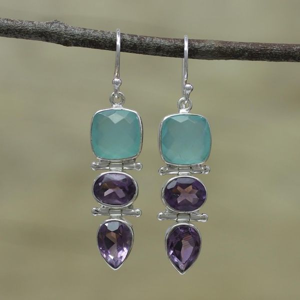 Alternate image for Amethyst and Chalcedony Dangle Earrings from India Glittering Muse
