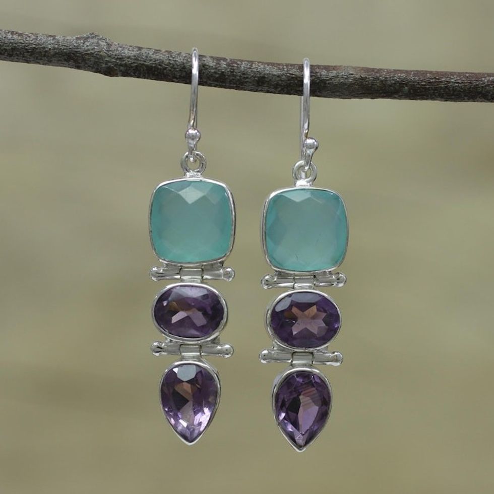 Amethyst and Chalcedony Dangle Earrings from India 'Glittering Muse'