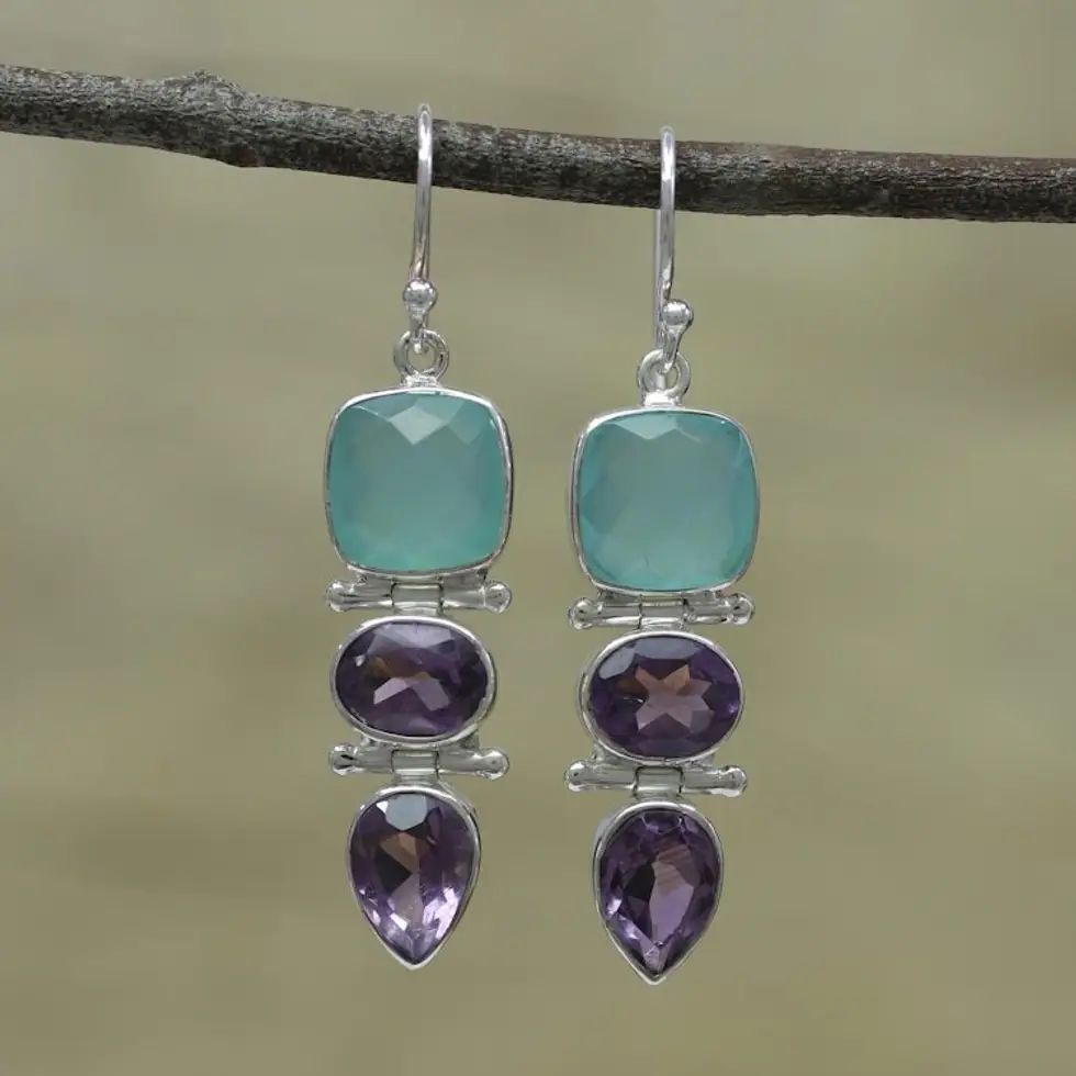 Amethyst and Chalcedony Dangle Earrings from India 'Glittering Muse'