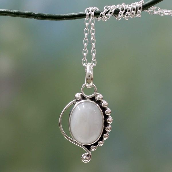 Alternate image for Indian Sterling Silver and Moonstone Pendant Necklace Indian Paisley