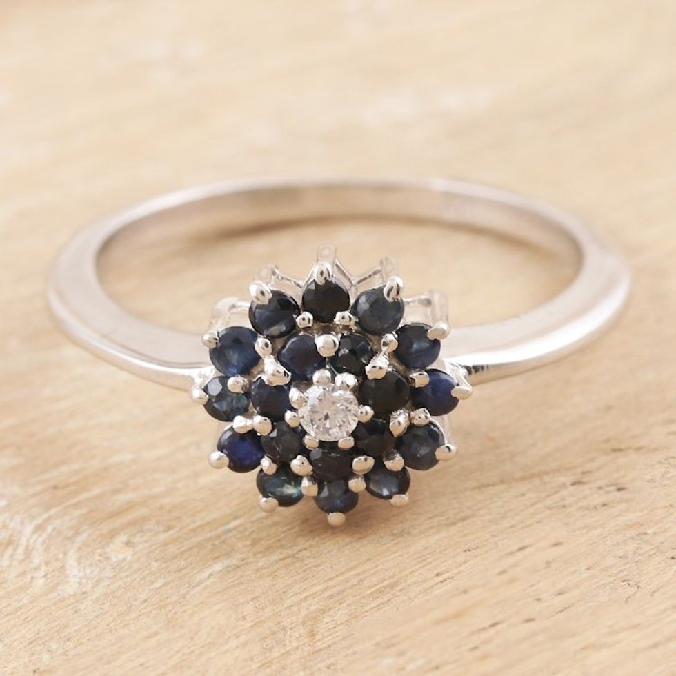 Artisan Crafted Rhodium-Plated Sapphire Cocktail Ring 'Petal Soft in Blue'