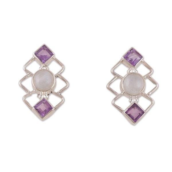 Alternate image for Geometric Amethyst and Rainbow Moonstone Button Earrings Charismatic Harmony