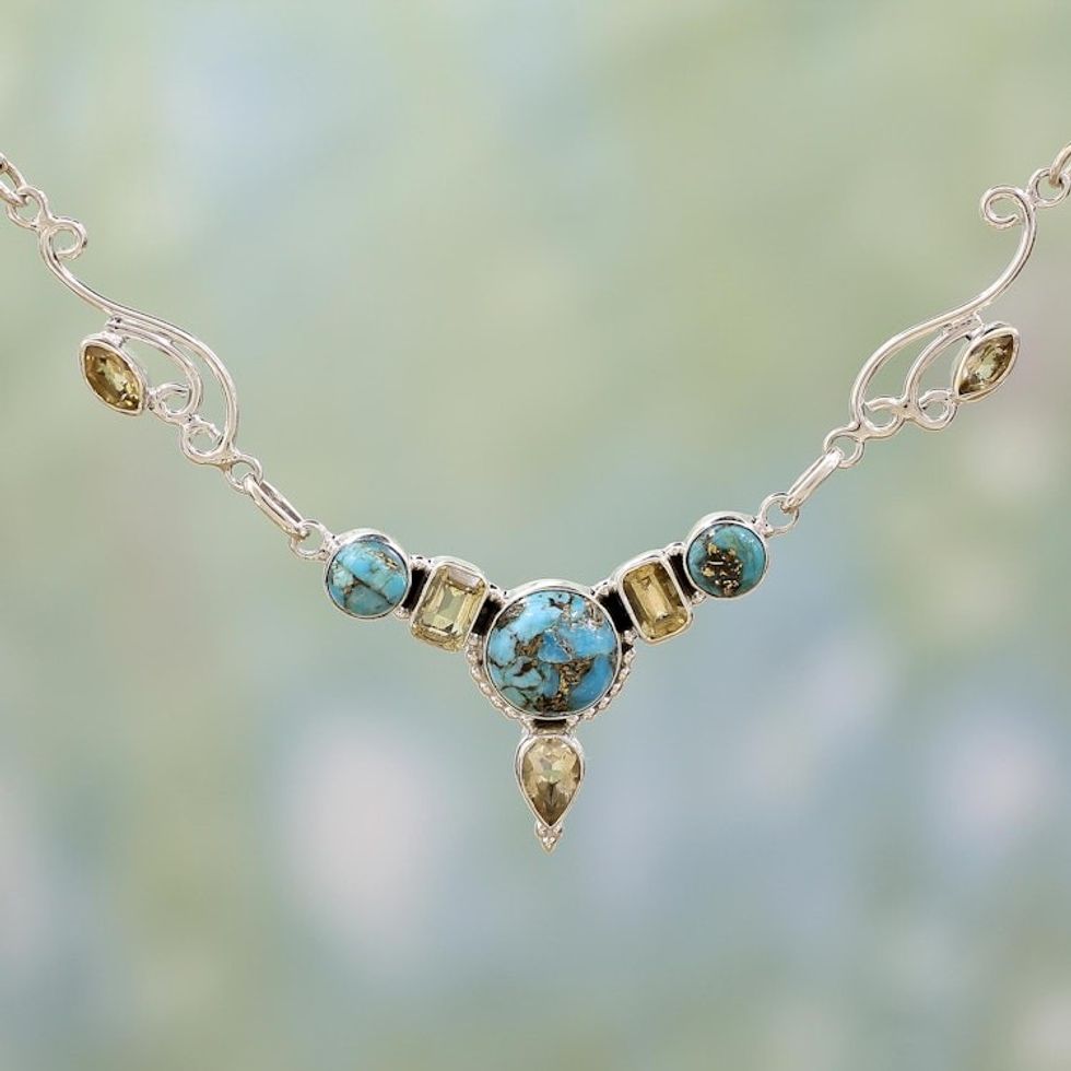 Hand Made Citrine Turquoise Pendant Necklace 'Seashore Radiance'