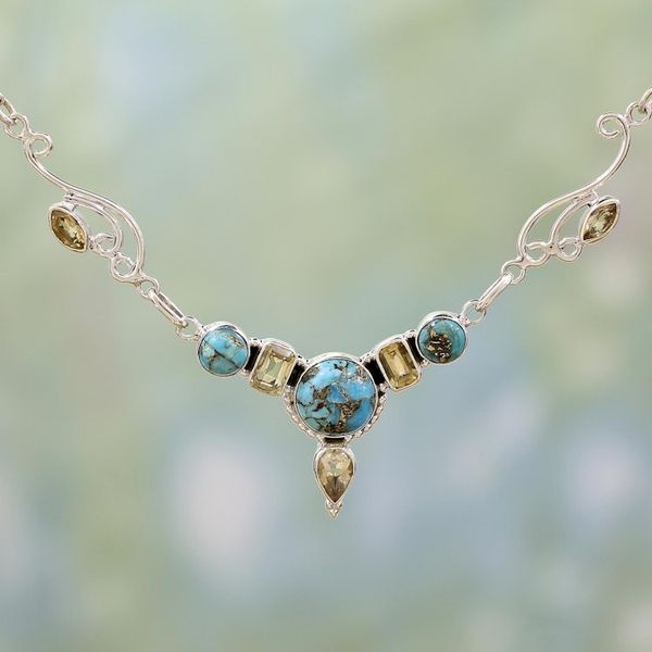 Alternate image for Hand Made Citrine Turquoise Pendant Necklace Seashore Radiance