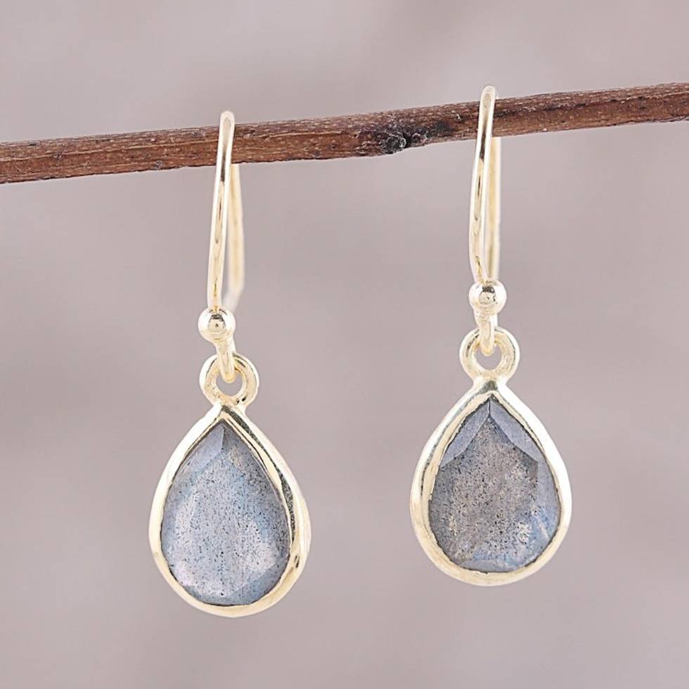Gold Plated 4-Carat Labradorite Dangle Earrings from India 'Fantastic Drops'