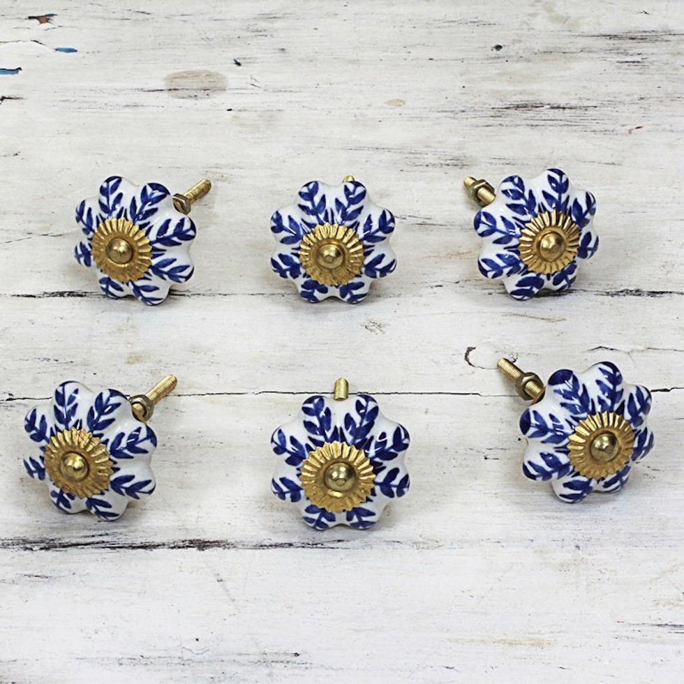 Ceramic Cabinet Knobs Floral White Blue Set of 6 India 'Blue Sunshine'