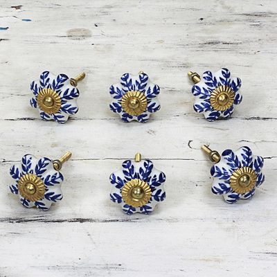 Alternate image for Ceramic Cabinet Knobs Floral White Blue Set of 6 India Blue Sunshine