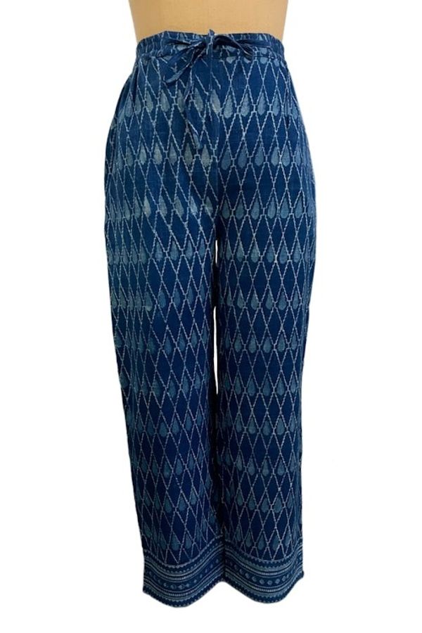 Alternate image for Hand-Block Printed Diamond-Themed Cyan and Blue Cotton Pants Cyan Diamonds