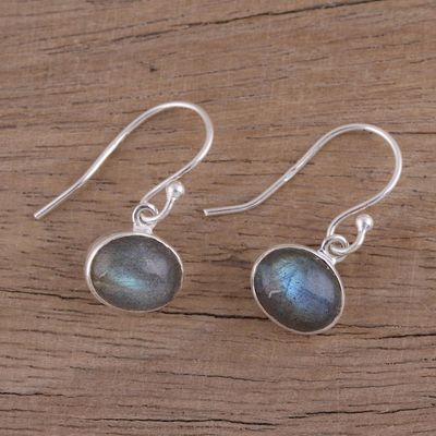 Alternate image for Sterling Silver Hook Earrings with Labradorite Cabochons Dark Aurora