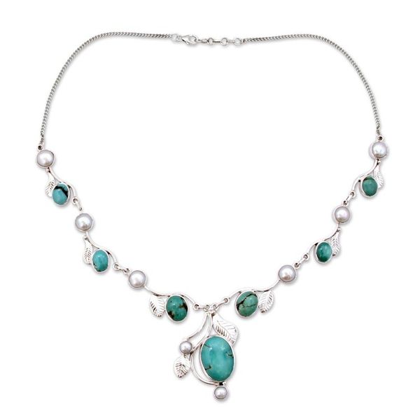 Alternate image for Leaf Motif Cultured Pearl and Calcite Necklace from India Enthralling Beauty