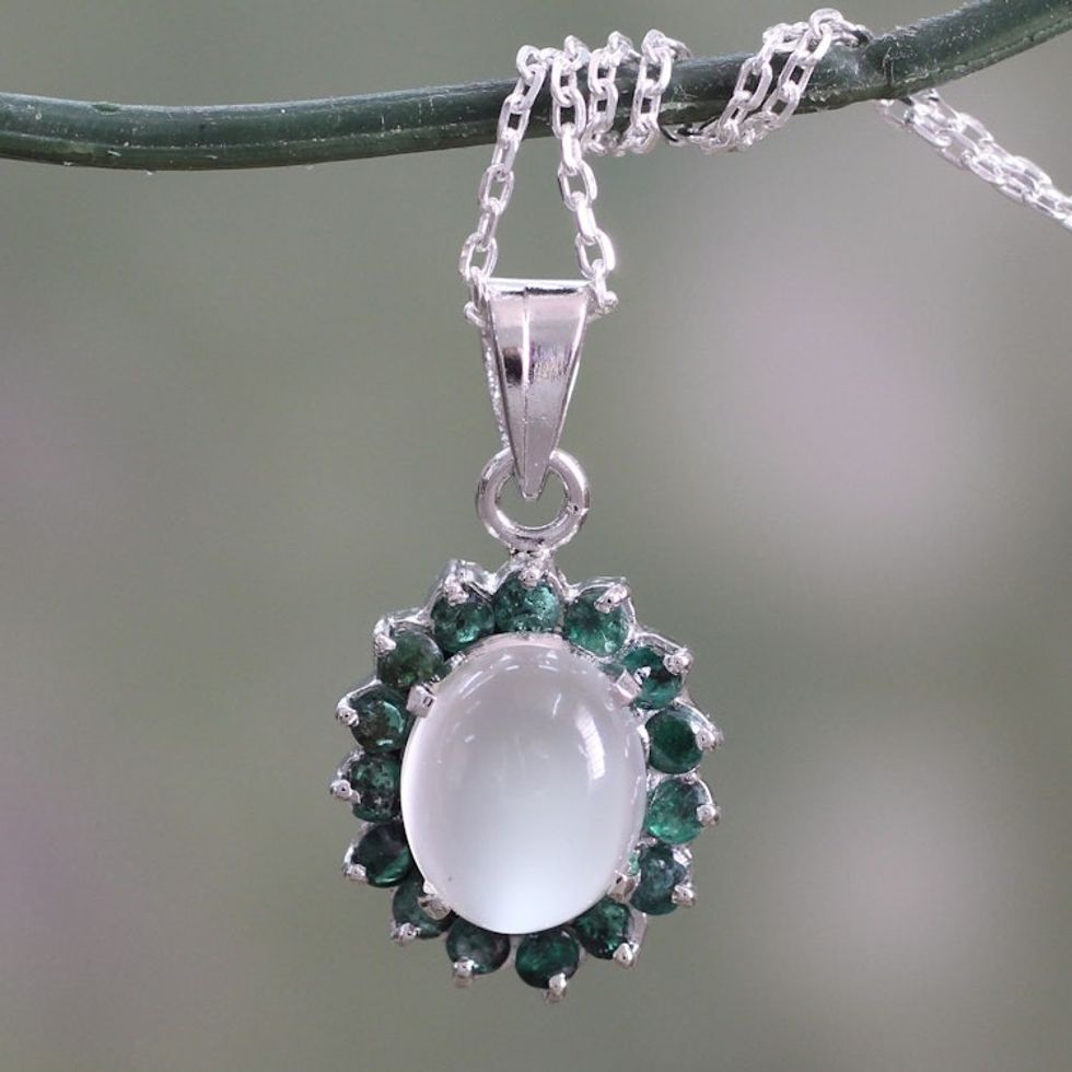 Sterling Silver Necklace with Emerald and Moonstone 'Love and Devotion'