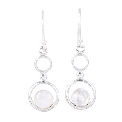 Alternate image for Rainbow Moonstone and Sterling Silver Circle Dangle Earrings Dancing Moon