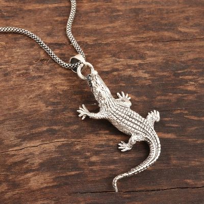 Alternate image for Hand Crafted Sterling Silver Crocodile Pendant Necklace Crawling Crocodile