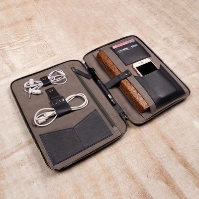 Alternate image for Handcrafted Navy Blue Leather Traveling Office Case Ultimate Organization