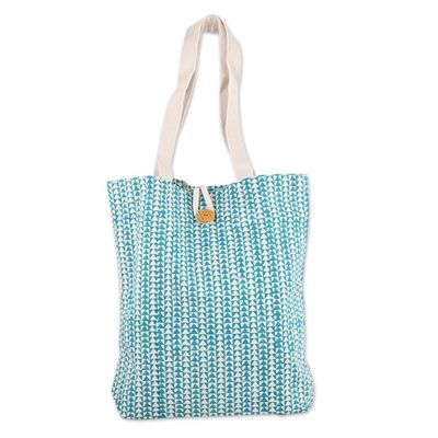 Alternate image for Teal Cotton Tote Bag with Hand-Blocked Printed Triangles Triangle Harmony