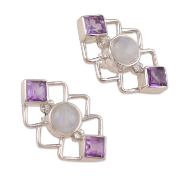 Alternate image for Geometric Amethyst and Rainbow Moonstone Button Earrings Charismatic Harmony