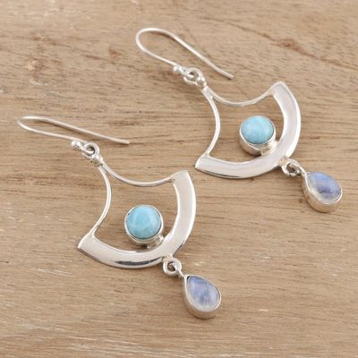 Alternate image for Larimar and Rainbow Moonstone Dangle Earrings Sky Chandelier