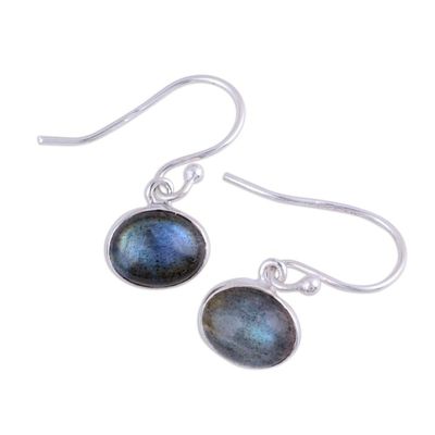 Alternate image for Sterling Silver Hook Earrings with Labradorite Cabochons Dark Aurora