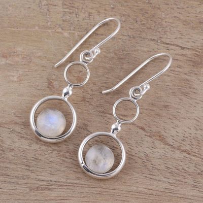 Alternate image for Rainbow Moonstone and Sterling Silver Circle Dangle Earrings Dancing Moon
