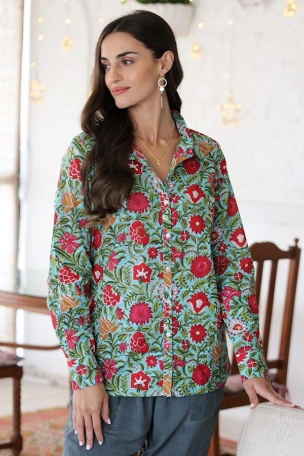 Alternate image for Printed Button-Up Cotton Shirt Spring Awakening