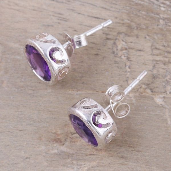Alternate image for Faceted Amethyst Stud Earrings from India Spark of Life