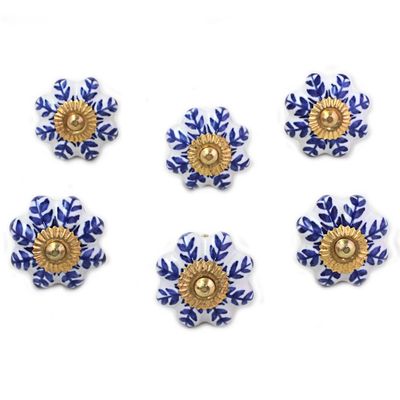 Alternate image for Ceramic Cabinet Knobs Floral White Blue Set of 6 India Blue Sunshine