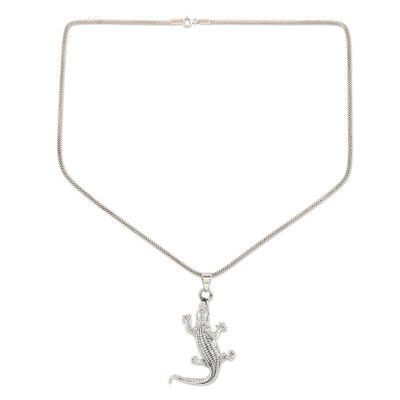 Alternate image for Hand Crafted Sterling Silver Crocodile Pendant Necklace Crawling Crocodile
