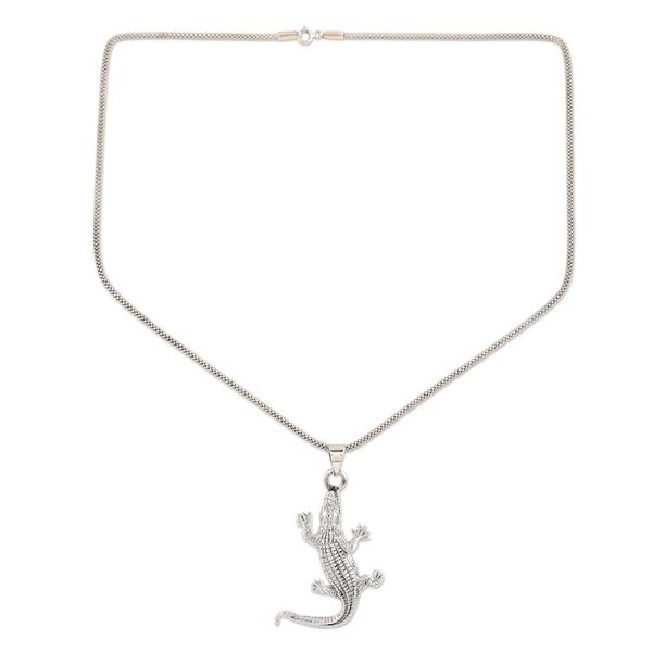 Alternate image for Hand Crafted Sterling Silver Crocodile Pendant Necklace Crawling Crocodile